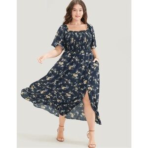 NWT! Smock Neck Floral Navy Blue Maxi Dress Size 12 or Large